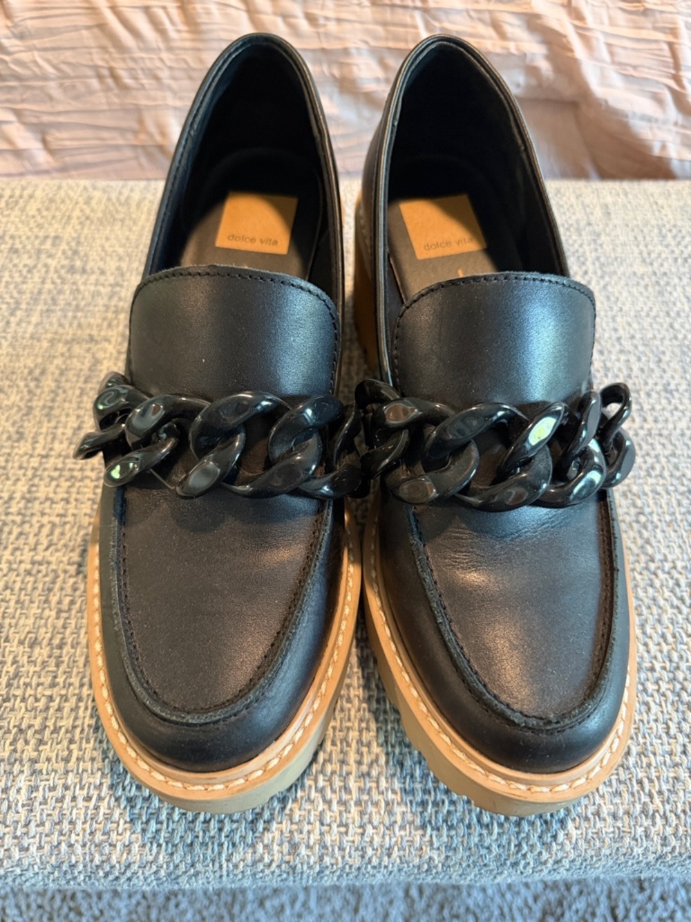 Dolce Vita Black Leather Loafers with Chunky Chain Trim